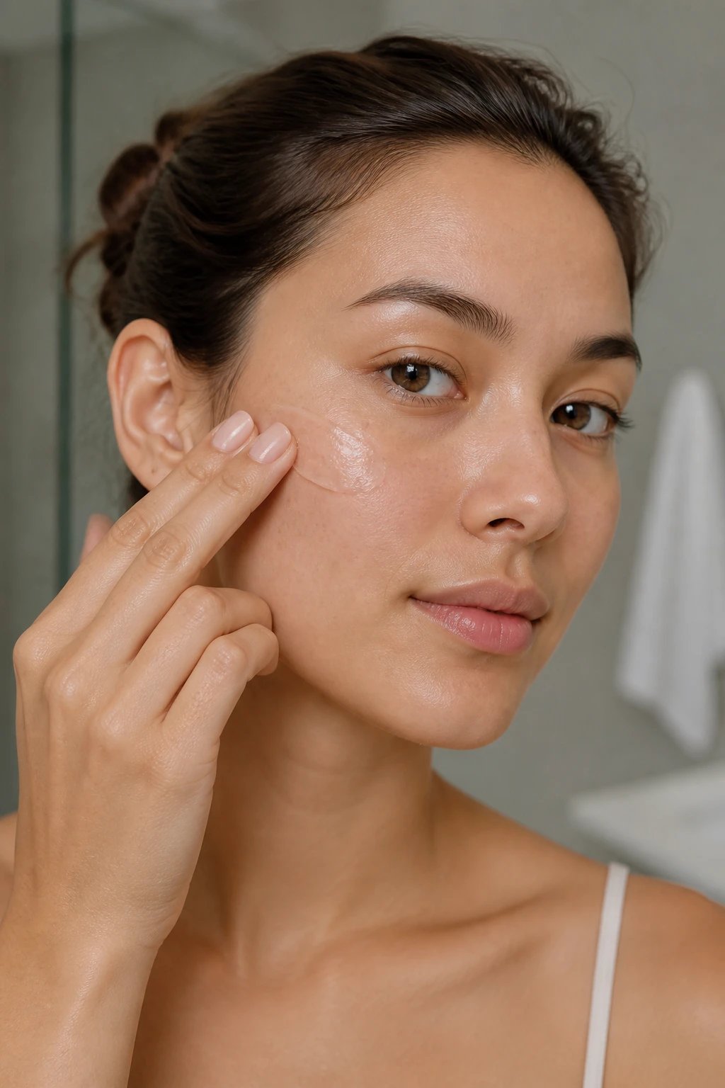A close-up portrait of a person with an oily, balanced complexion applying a lightweight gel moisturizer to their cheek in a serene bathroom setting, soft natural lighting, dewy skin glow but no shine-out, clean minimalist background, focus on texture of product and skin barrier concept.
