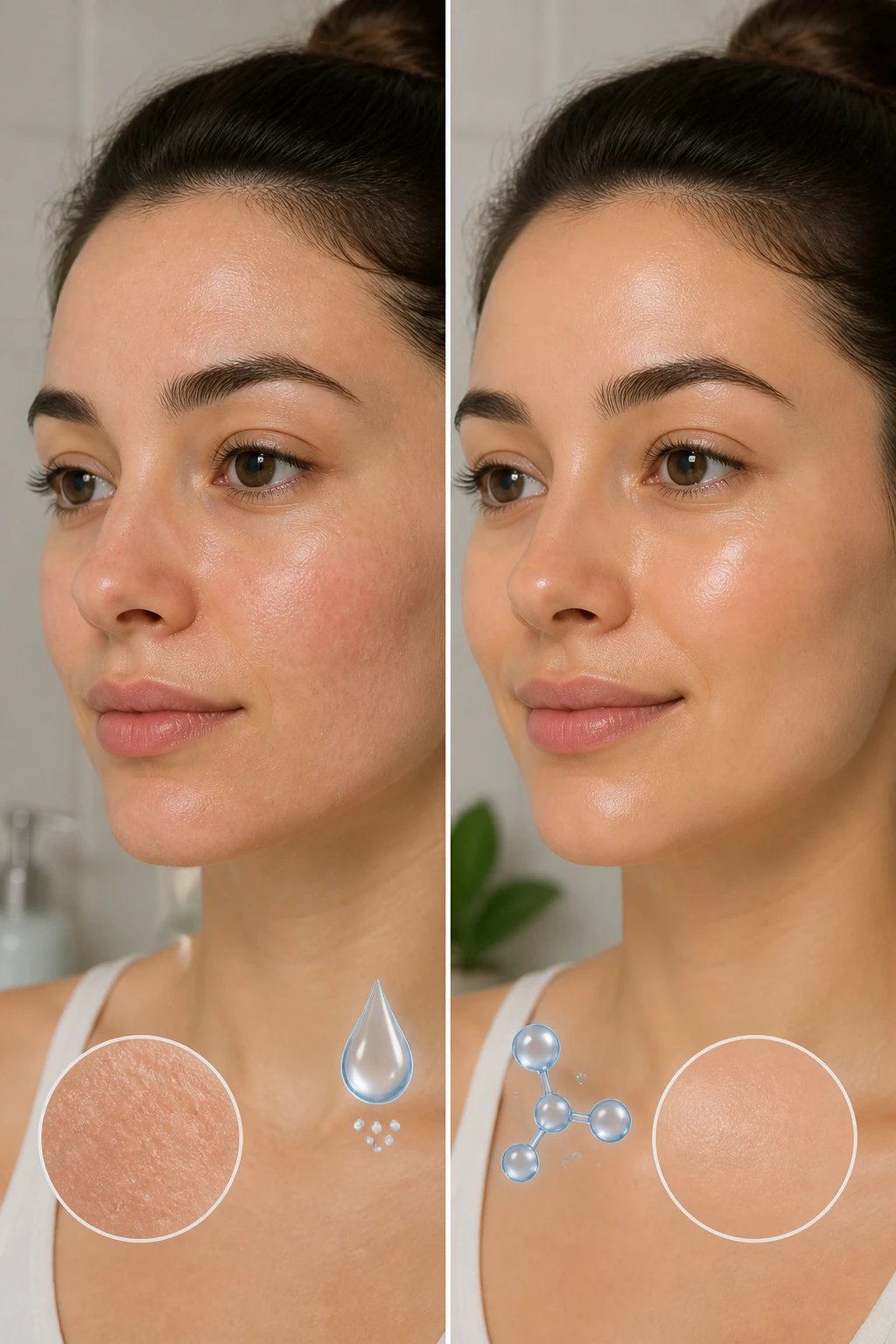 A split-screen lifestyle shot: left side shows a matte, dehydrated-looking patchy skin with a subtle red tinge, right side shows the same person after applying moisturizer with a calm, healthy glow; include subtle visual cues like a tiny droplet icon or water molecules to imply hydration restoring balance, neutral bathroom backdrop.