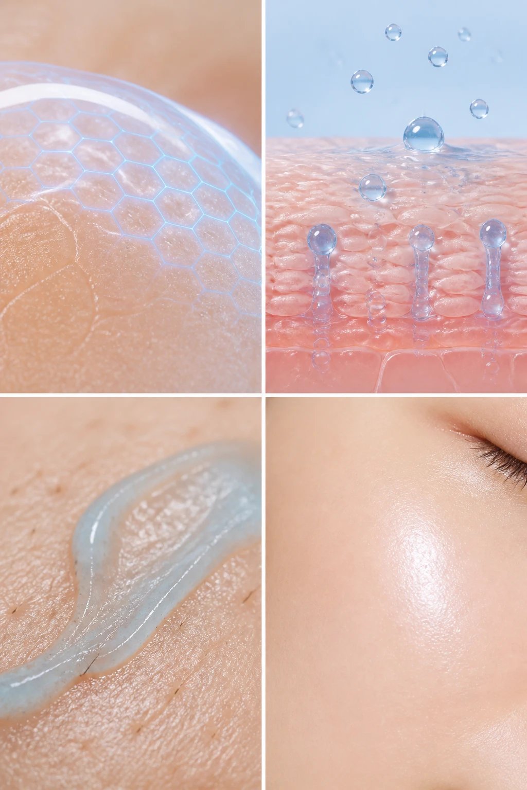 A top-down, four-panel infographic-style photo: panels depicting (a) free radical-free skin barrier, (b) water molecules entering the epidermis, (c) reduced sebum production, (d) bright, even-toned complexion; all panels shot with macro textures of skin and product (cream or gel) suggesting hydration logic without text or labels.