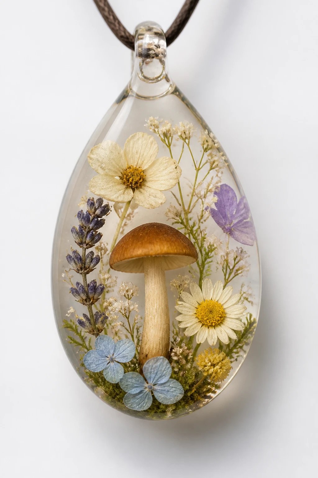 A close-up shot of an artisanal botanical resin pendant featuring pressed dried flowers and a small mushroom embedded in clear resin, set on a minimalist white background with soft natural lighting to emphasize clarity and detail.