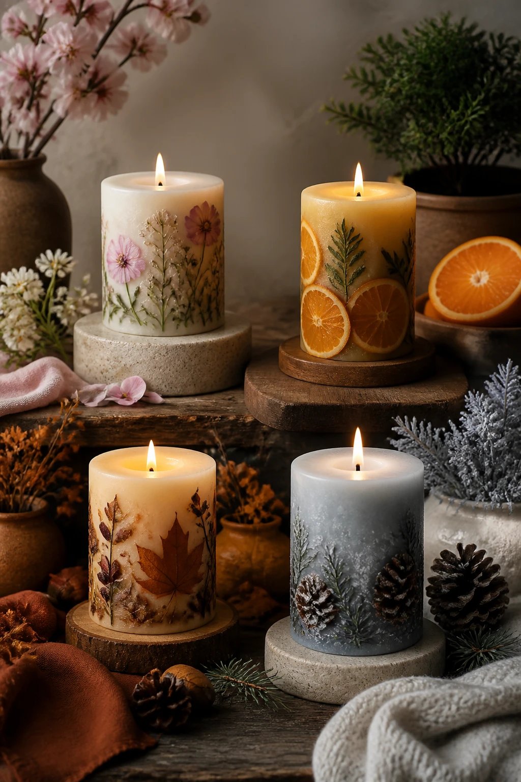 An artful, storytelling setup featuring a “seasonal collection” resin piece (like a bouquet-inspired pendant) paired with small related props (dried flowers, a narrow ruler for scale, a soft fabric), photographed from a slightly elevated angle to convey narrative and perceived value.