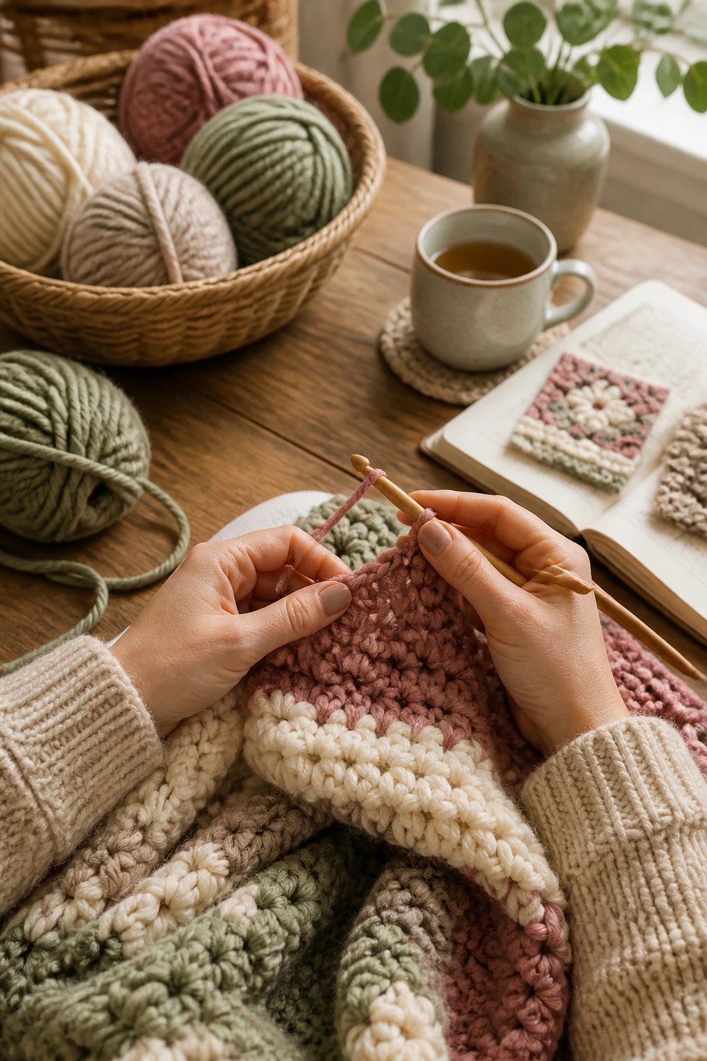 A cozy craft workspace with a crochet project in progress: chunky yarn blanket being stitched by a pair of hands, soft natural lighting, scattered skeins of chunky yarn, a small cup of tea, and pattern notes in the background.