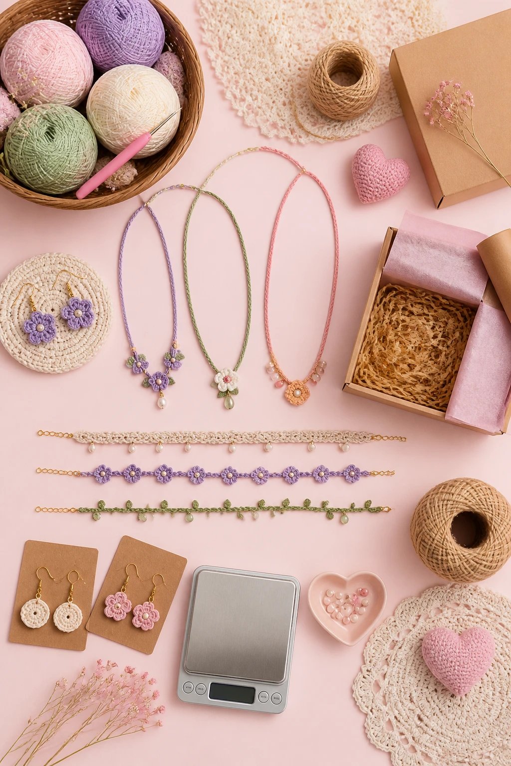 A flat lay of crochet supplies and finished handmade items for shipping: yarn skeins, crochet hooks, a gift-ready wrapped plushie, a small scale showing weight, packing materials, and a “Made with love” tag, all on a clean pastel background.