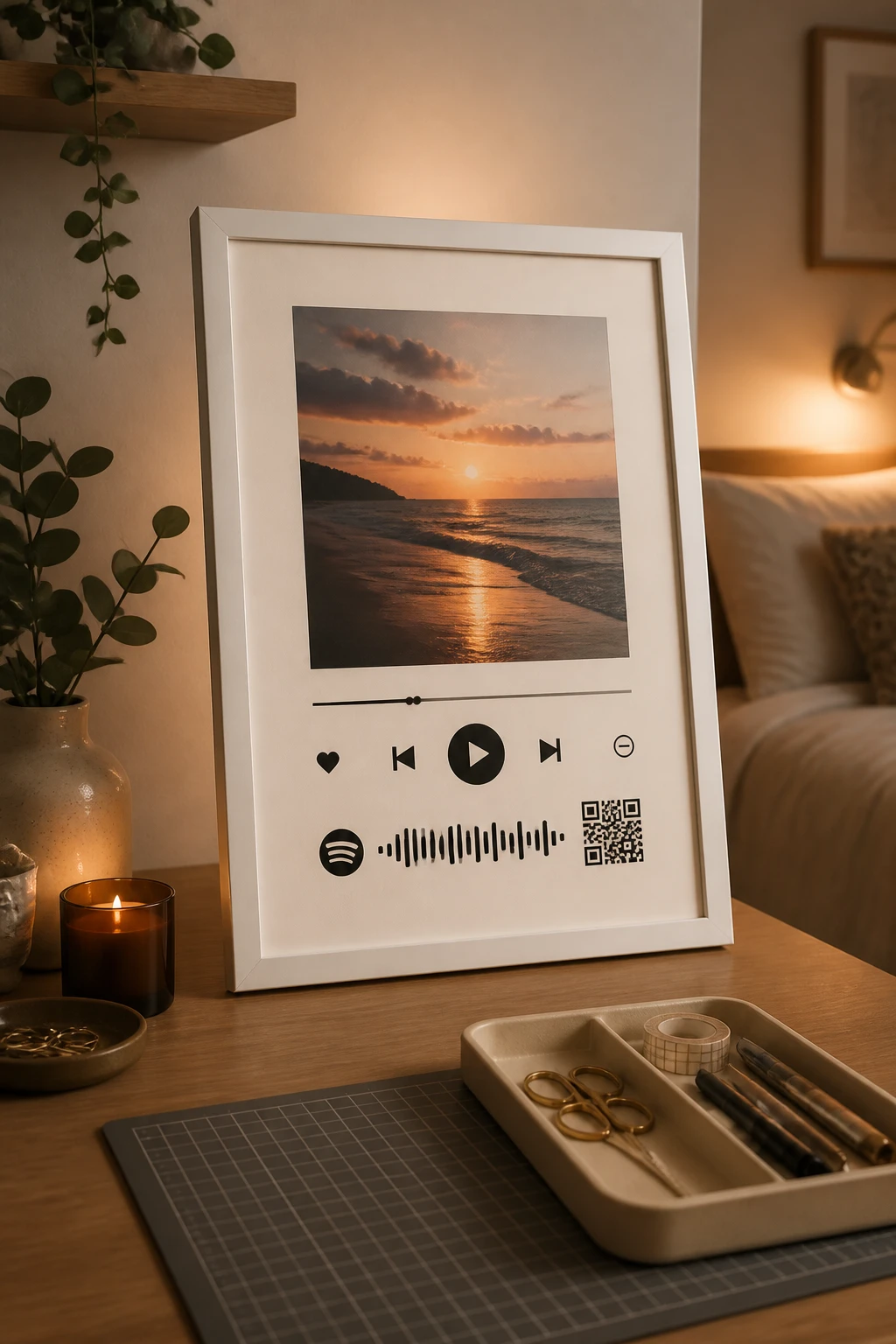 A cozy bedroom desk setup with a minimalist frame displaying a personalized Spotify plaque design, including a name, song art, and a QR/Spotify code on high-quality cardstock, warm lighting, neutral tones, and a small craft tool tray in the foreground.