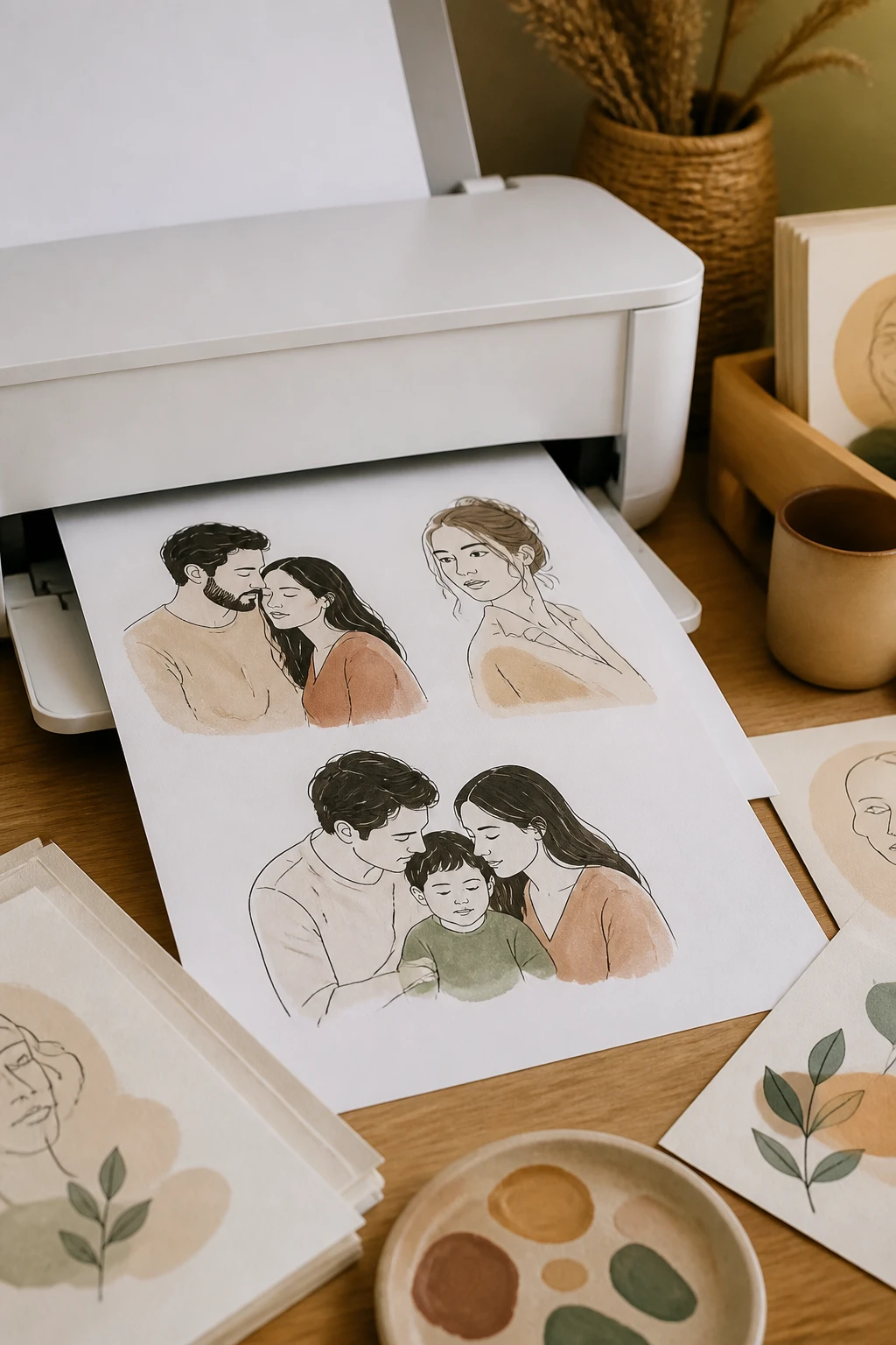 A close-up shot of a DIY craft station: cardstock being printed with a Spotify code, a laser-cut frame nearby, scissors, a ruler, and a small stack of freshly cut prints, with warm natural lighting and a shallow depth of field to highlight the personalization process.