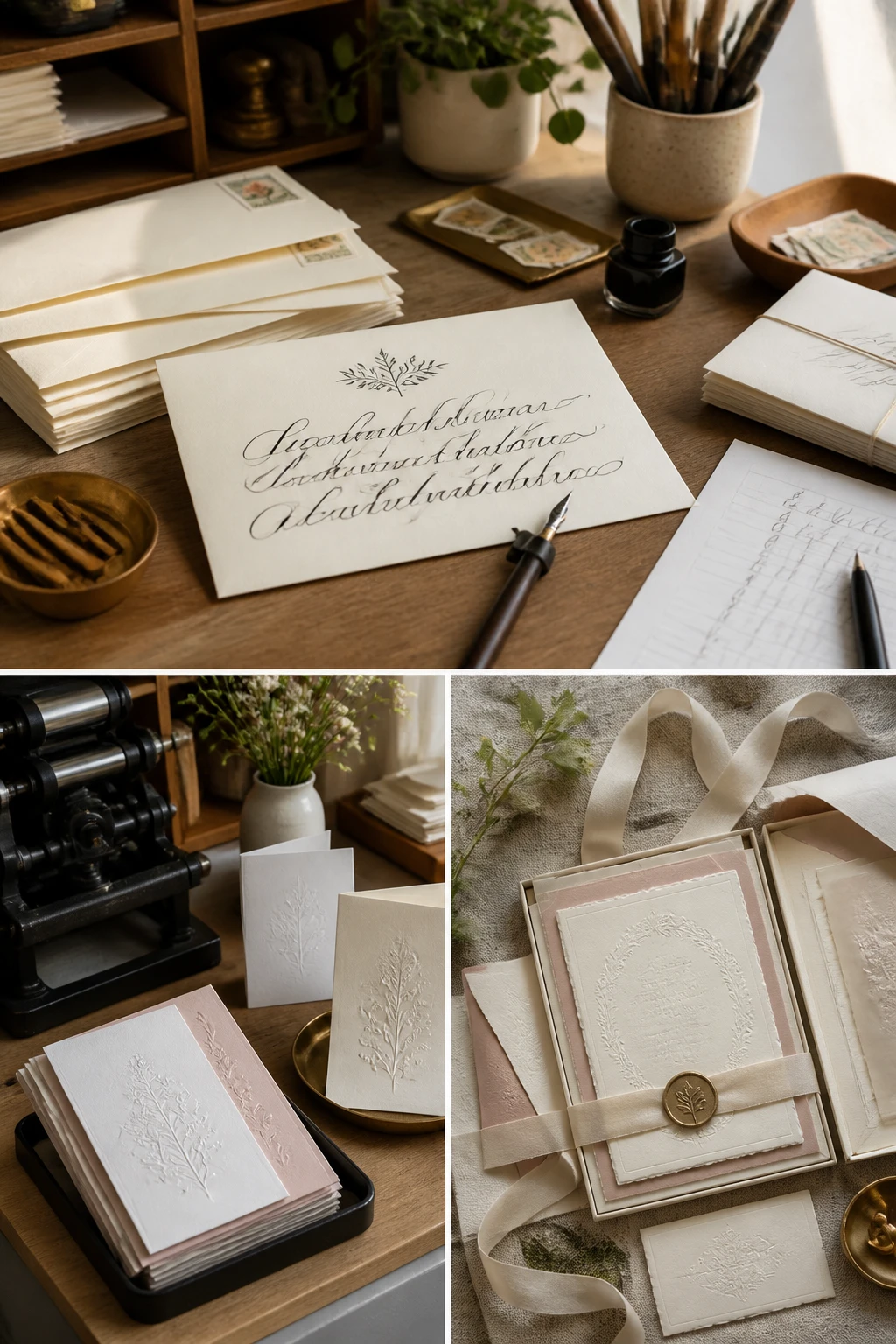 A DIY workspace featuring a framed custom star map print laid out on a wooden desk, showing a date and location with a clean, modern poster design, a color palette of midnight blue and gold, and crafting supplies like ruler, scissors, and a USB drive with a mock digital file beside.