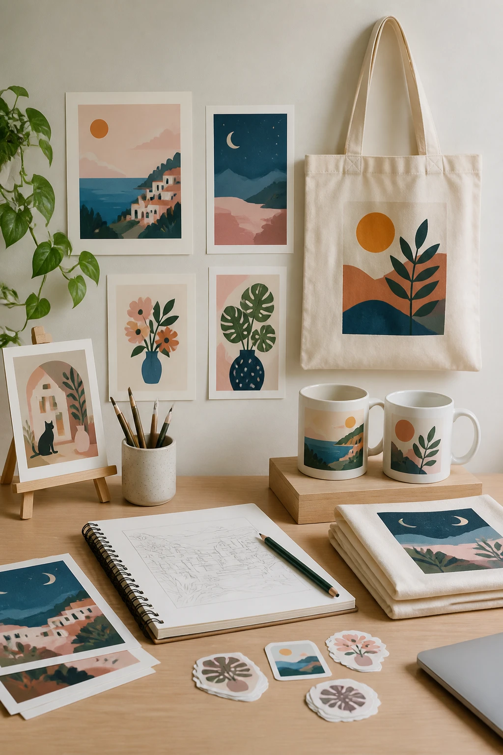 A clean, minimal desk setup with a sketchbook, colorful printed art posters, stickers, and a small merchandise display (mugs, tote bags) arranged to suggest launching a small online art shop; soft natural lighting and a neutral background.