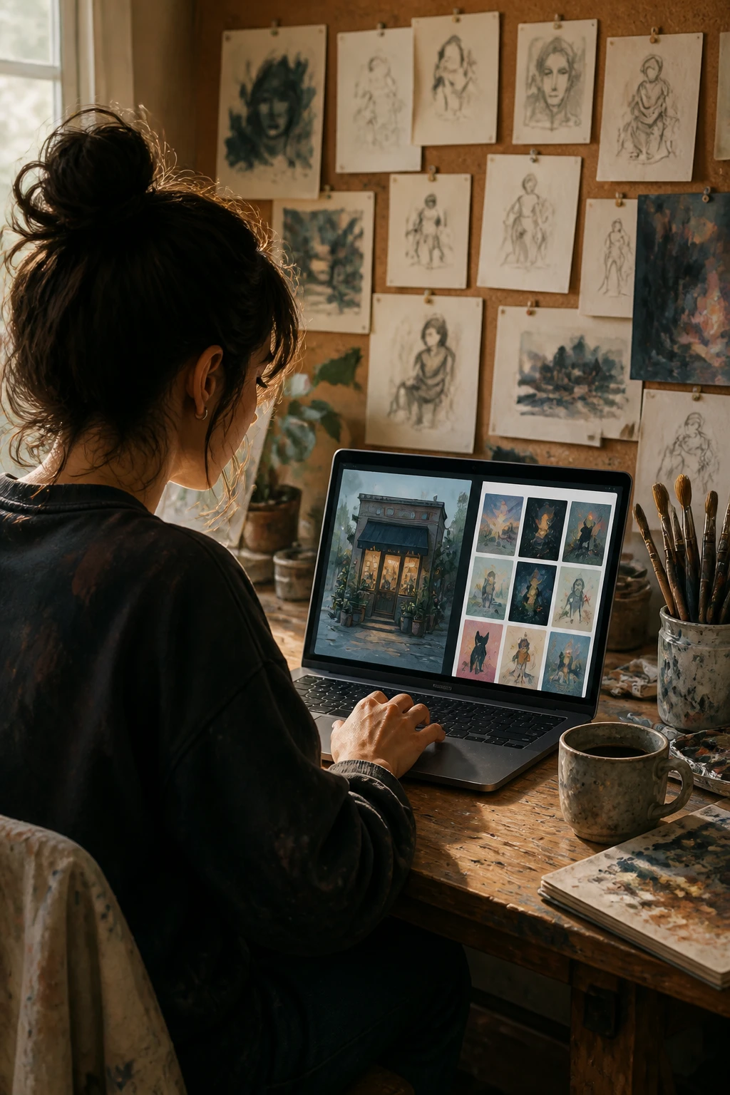 An artist at a laptop showing a dashboard with a storefront on one side and a gallery of digital art on the screen, capturing the moment of “start before finished” with quick-progress sketches pinned on a corkboard in the background.