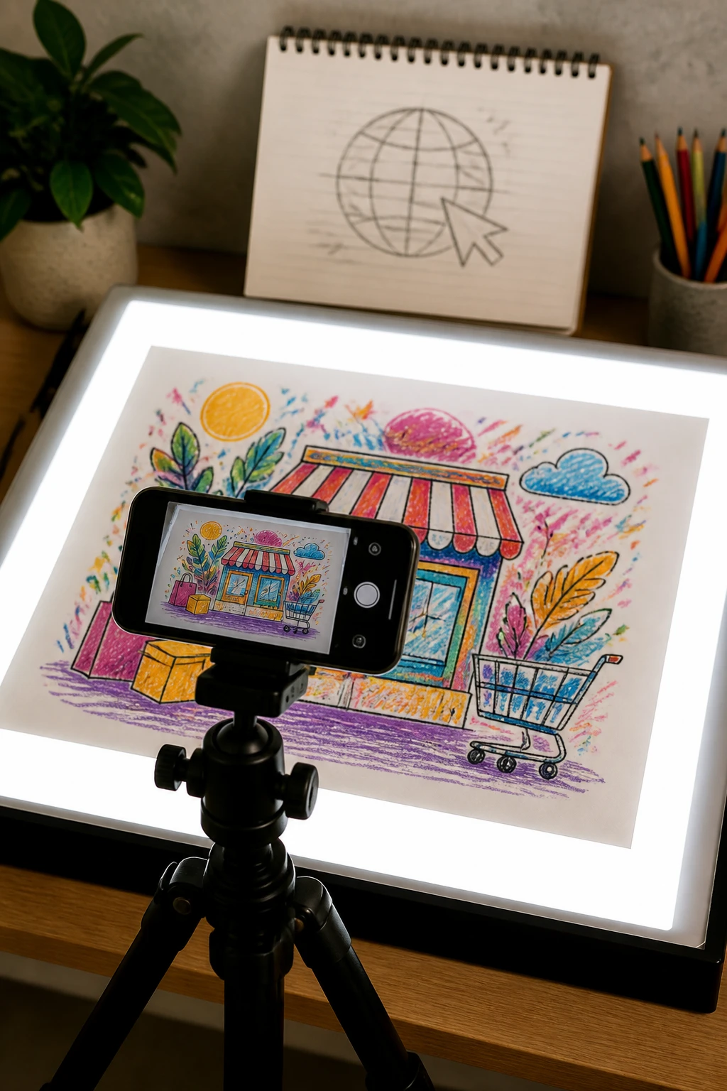 A close-up of a colorful hand-drawn artwork being scanned or photographed, with a camera tripod, lightbox, and a smartphone showing a domain name sketch (e.g., “store.name” on a notepad) to convey branding and online selling.
