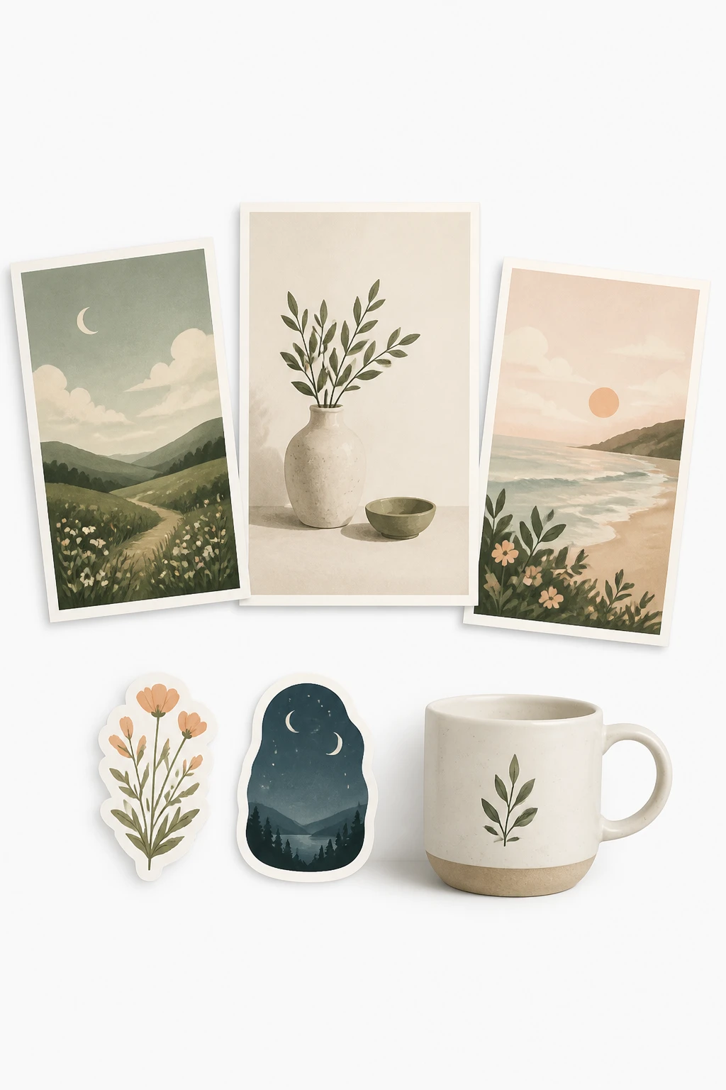 A mock storefront scene featuring a simple, cohesive collection: three prints, two stickers, and one small mug, arranged aesthetically on a white background with subtle shadows, evoking a first product lineup.