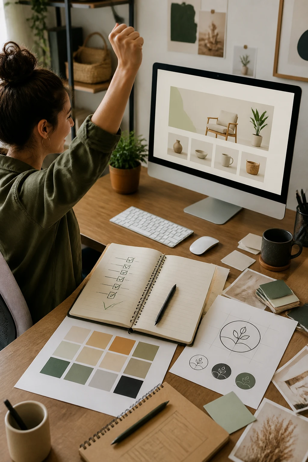 A person celebrating at a workstation with a “new store” screen on a monitor, a checklist for launching an online shop, and branding materials (logo sketch, color swatches, domain placeholder) scattered on the desk.