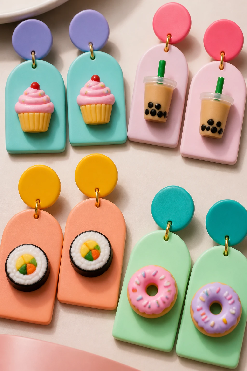 A close-up shot of bold, color-blocked polymer clay statement earrings featuring fiery orange and deep purple segments, with metallic gold accents and a subtle shimmering finish, resting on a plain white background to highlight color contrasts.