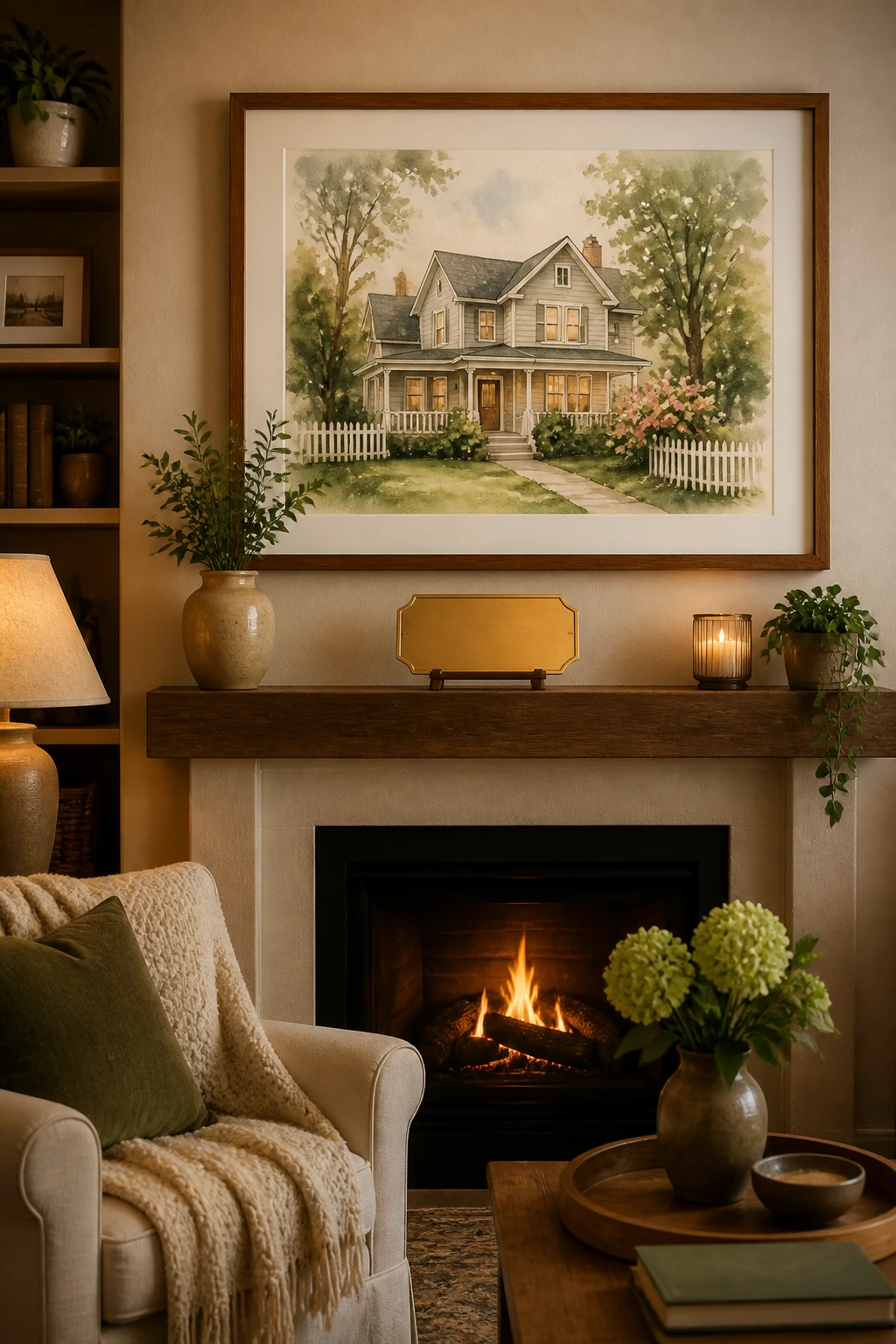 A cozy, warmly lit living room scene featuring a framed custom watercolor-style portrait of a family’s home on the wall, with soft textures, warm tones, and a small caption-free plaque on the mantle suggesting “From Photo to Heirloom.”