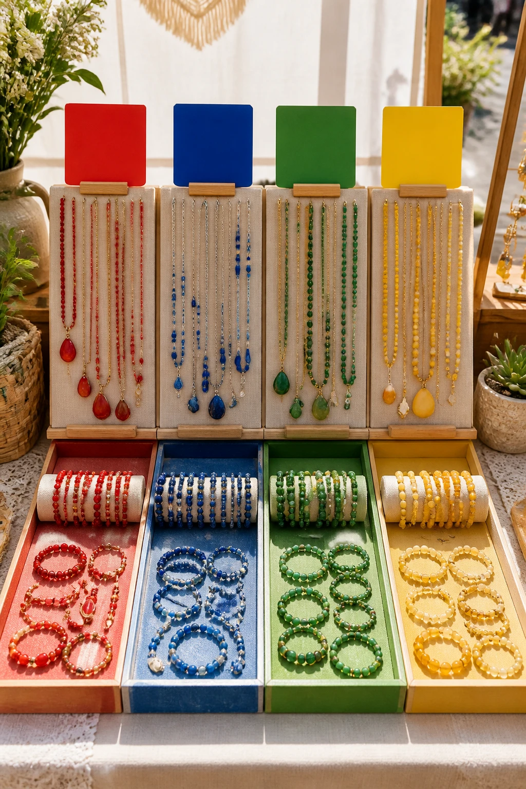 A compact, color-coded jewelry display at a craft fair table, featuring four clearly separated price sections with red, blue, green, and yellow cards or tags, showing necklaces and bracelets arranged by color-coded pricing in a bright, sunlit booth.