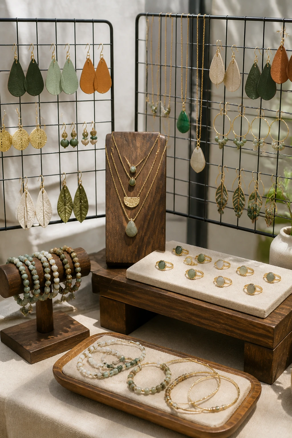 Close-up of a simple vendor display using affordable materials (wire grids, wooden risers, and DIY stands) arranged for balance and visibility, with soft natural light and no clutter, focusing on easy-to-reach pieces at eye level.