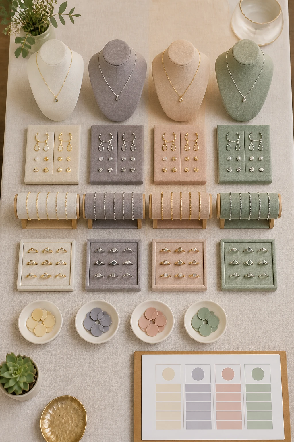 An overhead shot of a well-organized display layout on a fabric-covered table, showing evenly spaced jewelry displays, clearly labeled price markers in four color categories, and a tidy pricing plan visible but not text-on-image.