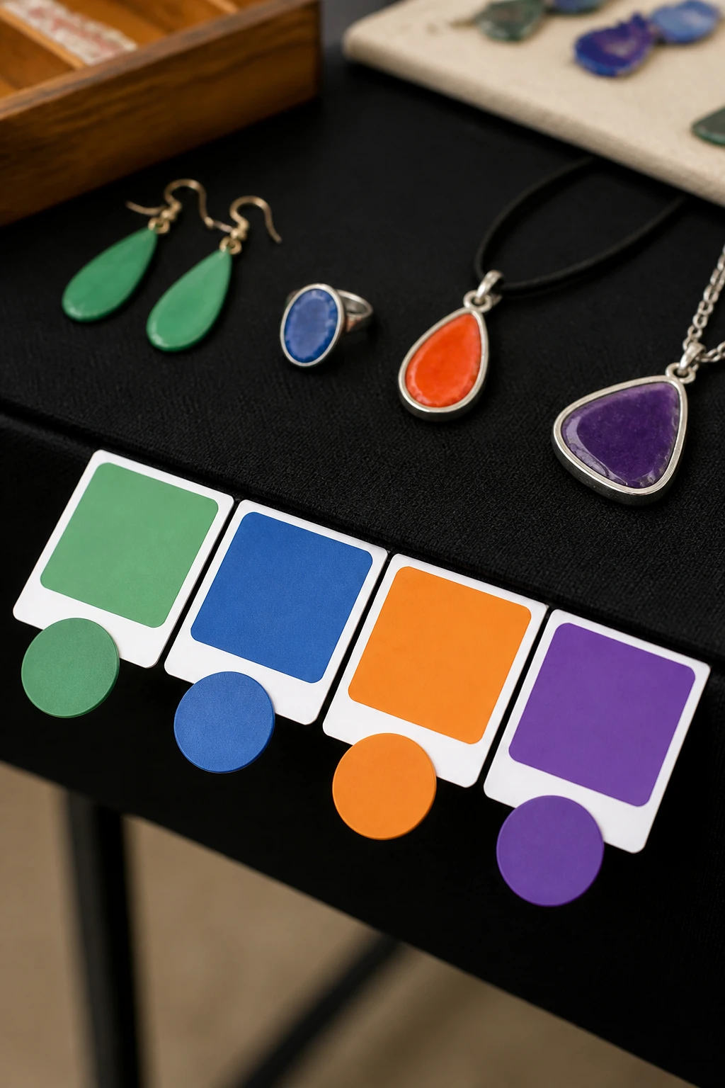 A color-coded price card system in action: close-up on color swatches at the edge of the table with corresponding price tags (10, 15, 20, 25) and a few sample pieces in matching colors to demonstrate quick pricing at a glance.
