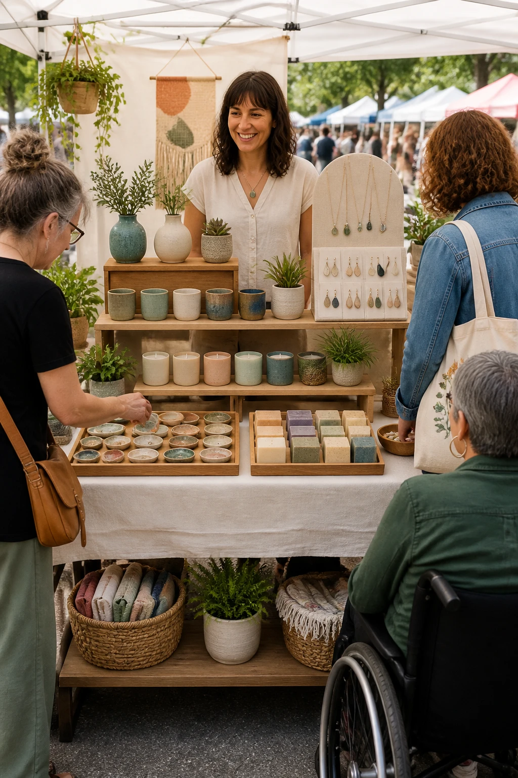 A lively craft fair scene showing a seller standing behind a neat, balanced display with layered stands, color-coded price signage, and shoppers browsing, with emphasis on accessibility and a clean, organized setup.