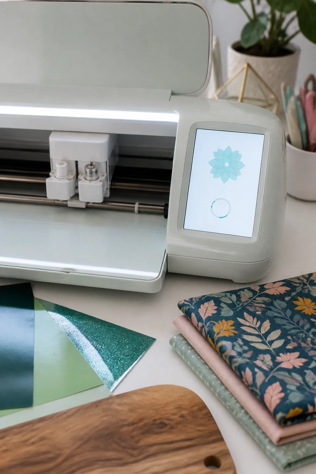 A close-up shot of a Cricut machine on a clean desk, with a glowing touchscreen showing a design being loaded, surrounded by experiment-ready materials like vinyl sheets, patterned fabric, and a wooden cutting board, no text visible.