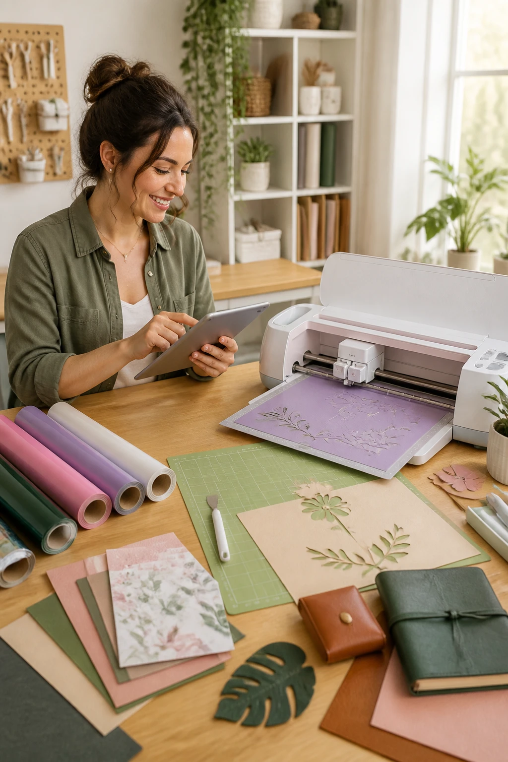 A cheerful maker working at a well-lit craft station, launching a design from a tablet into a Cricut machine, with a variety of materials (vinyl, paper, leatherette) laid out and a partially cut project in progress, no text.