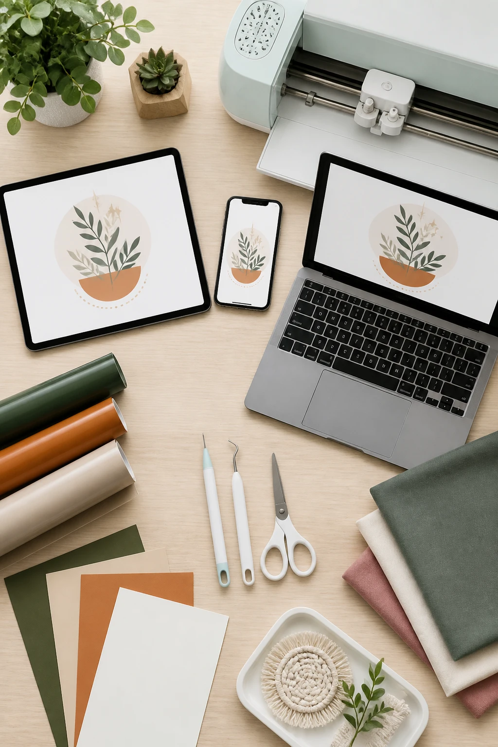An overhead flat lay of a Cricut setup: tablet, smartphone, and computer displaying a design, with neatly arranged tools (quill pen, weeding tool, scissors) and sample materials (vinyl, cardstock, fabric) on a light wooden surface, no text.