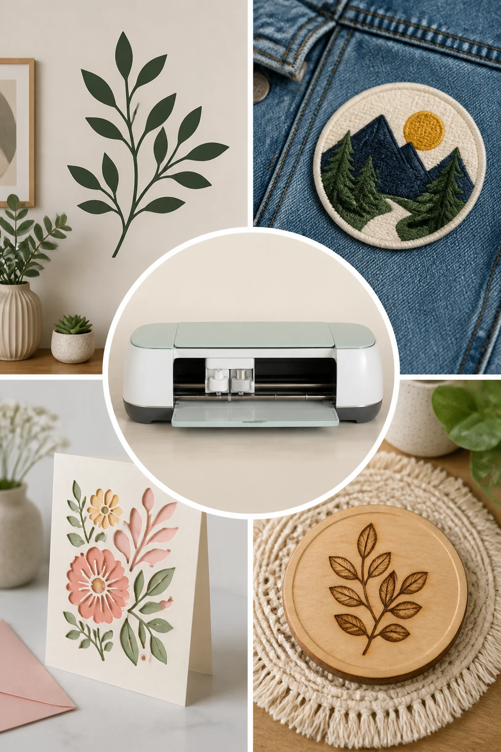 A collage-style scene showing four potential Cricut uses: a vinyl wall decal, a personalized fabric patch, a paper greeting card, and a small wood-burned coaster, each arranged around a central Cricut machine, no text.