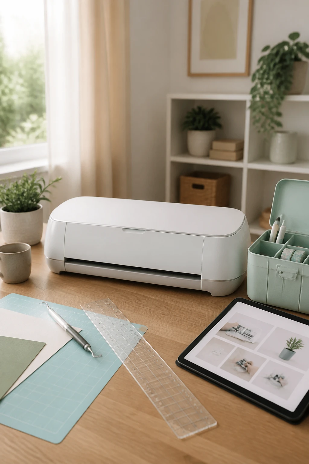 An introductory lifestyle shot of a beginner-friendly workspace: a Cricut machine at center, simple supplies (ruler, cutting mat, portable storage box) and a beginner guide partially visible on a tablet, soft natural light, no text.