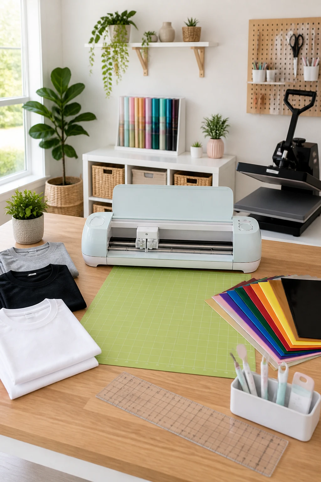 A bright, organized craft workspace with a Cricut machine center stage, surrounded by blank t-shirts, vinyl sheets, a heat press, a cutting mat, and rulers, all in a clean, modern studio layout, no people.