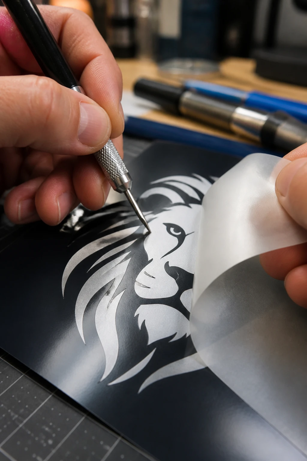 Close-up macro shot of hands using a cutting tool and a vinyl sheet to create a decal, with a visible design on the vinyl and a partially peeled backing, in a well-lit workshop setting with blurred background tools.