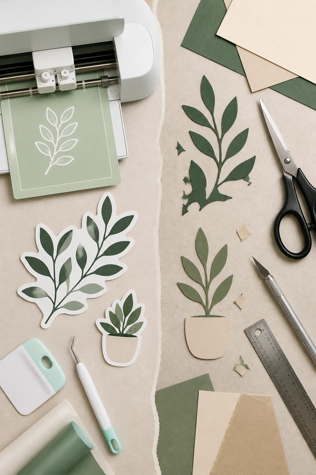 A collage-style flat lay showing two pathways: on one side a Cricut-cut product like a sticker or decal, on the other side traditional DIY handcrafting tools (manual scissors, craft knife, ruler), illustrating the contrast between using a machine vs. manual methods, all on a neutral background.