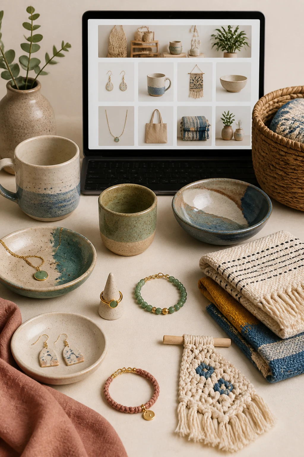 A clean, well-lit flat-lay of handmade crafts (jewelry, ceramics, and textiles) arranged on a neutral background with a separate business storefront page visible on a laptop or tablet screen in the background, emphasizing a safe online listing environment and organized storefronts. No text on image.