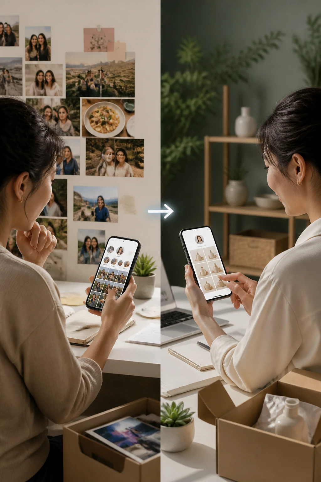 A split-scene: left side shows a person organizing their personal social media vs. right side showing a dedicated business page with clear product photos, a prominent storefront link, and a calm, scam-free vibe. The setting should feel secure and professional, with soft shadows and natural colors. No text on image.