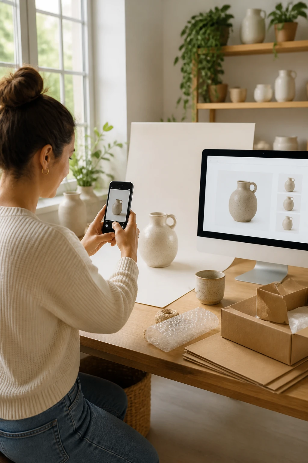A bright, inviting workspace featuring a maker photographing items for listing with a high-quality camera or smartphone, a computer screen displaying an official listing, and packaging materials ready for checkout, conveying trust, safety, and easy conversion from photo to sale. No text on image.