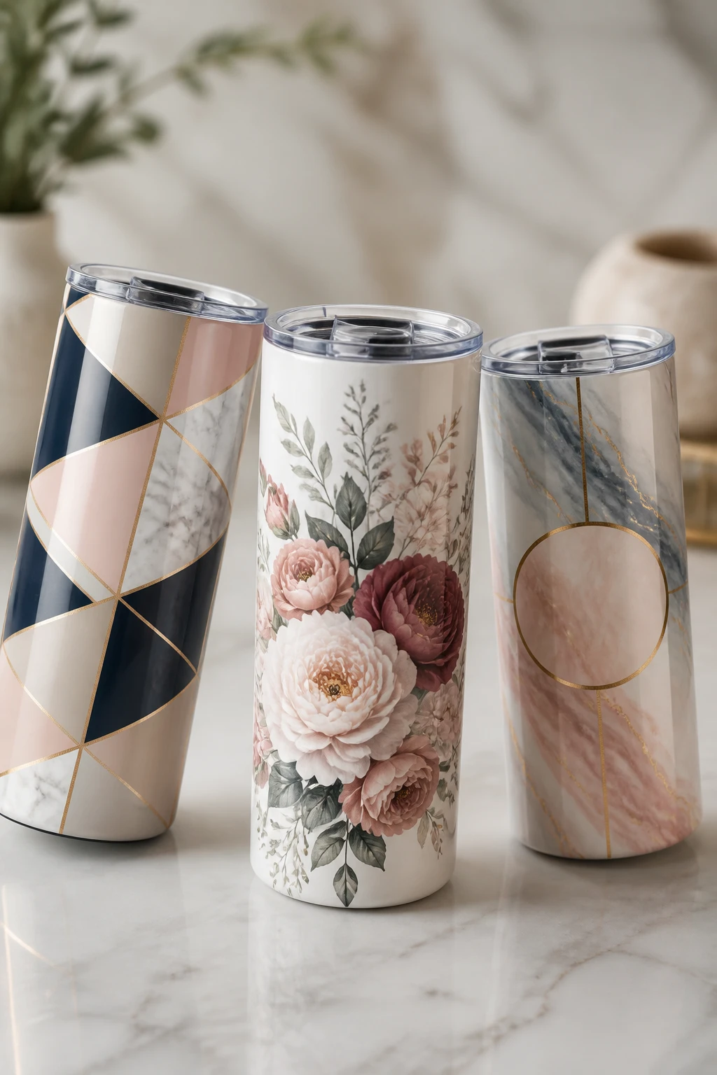 Close-up product mockup of three interchangeable tumbler designs laid out on a neutral marble surface: one with a geometric pattern, one with a floral illustration, and one with a monogram, each shown at slight angles to highlight wrap-around vinyl detailing, with a softly blurred background to keep emphasis on the cups.