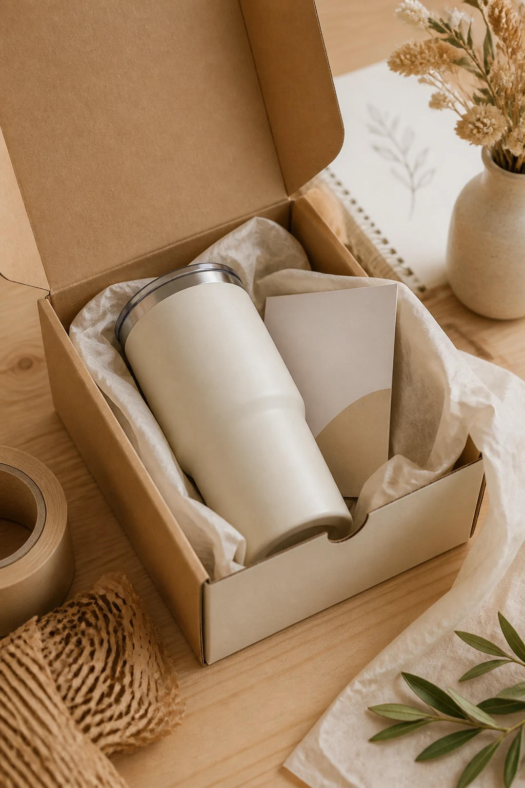 A branded packaging scene: a tumbler tucked into a sleek, minimalist shipping box with protective tissue and a labeled care card peeking out, placed on a light wood table with a small set of packing materials and a handwritten-style inspiration prop in the background, all in warm, inviting tones. No text on the image.